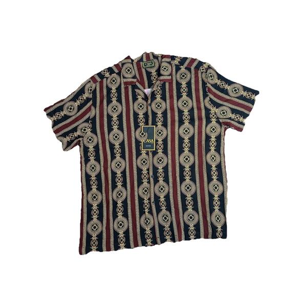 NWT Casa Moda Couture Mens XL Rayon Button‎ Up Short Sleeve Shirt Red Black Gold - Picture 1 of 8